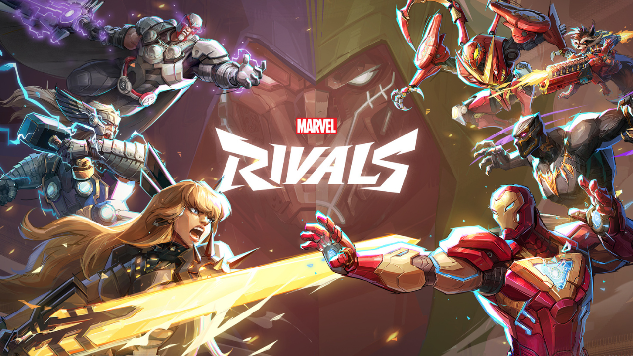 Illustration officielle de Marvel Rivals montrant Iron Man, Rocket Raccoon et plusieurs héros Marvel s’affrontant dans un hero shooter en équipe.