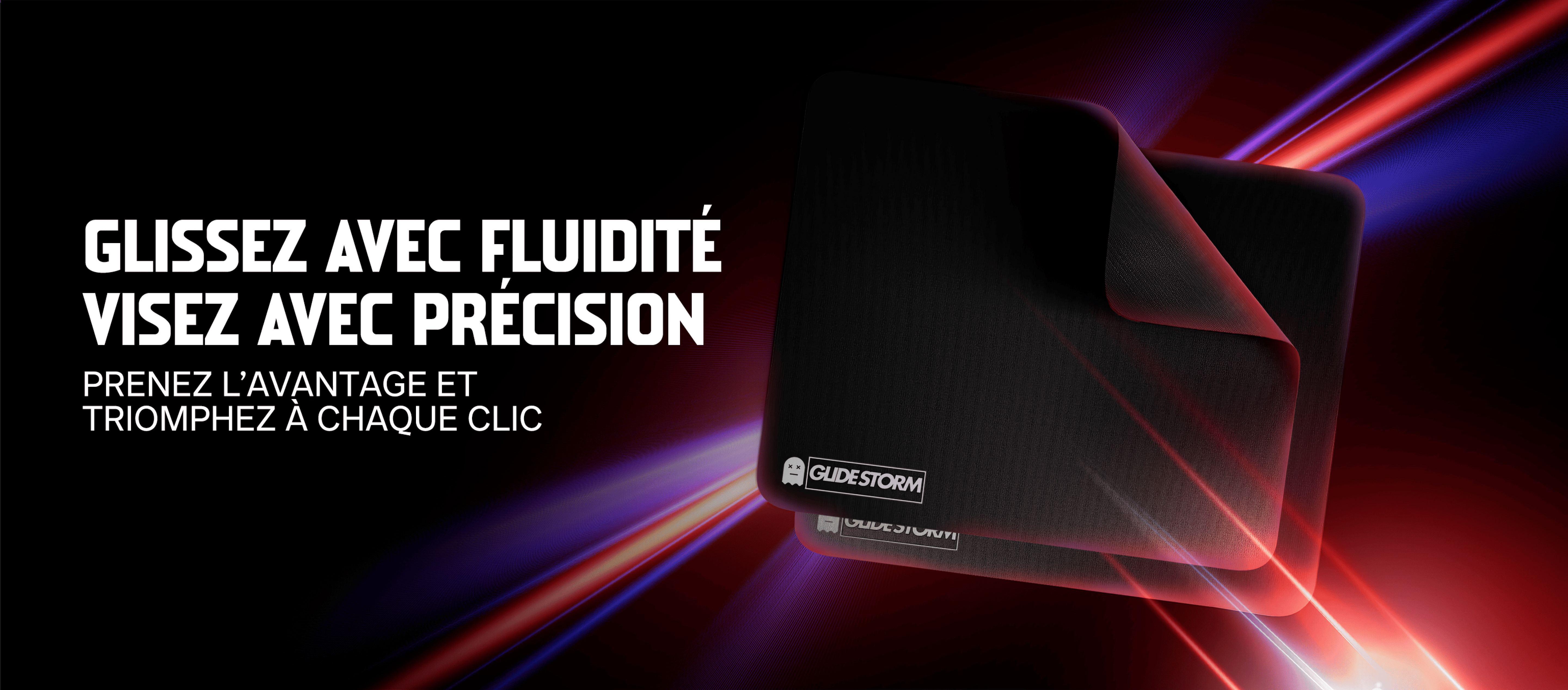 Bannière GlideStorm pour PC mettant en avant un tapis de souris gaming avec message “glissez avec fluidité, visez avec précision” et design lumineux dynamique.