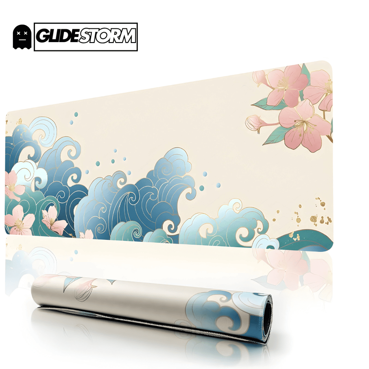 Tapis de souris Ergonomique décor vagues bleues et fleurs roses sur fond crème, design élégant et surface lisse