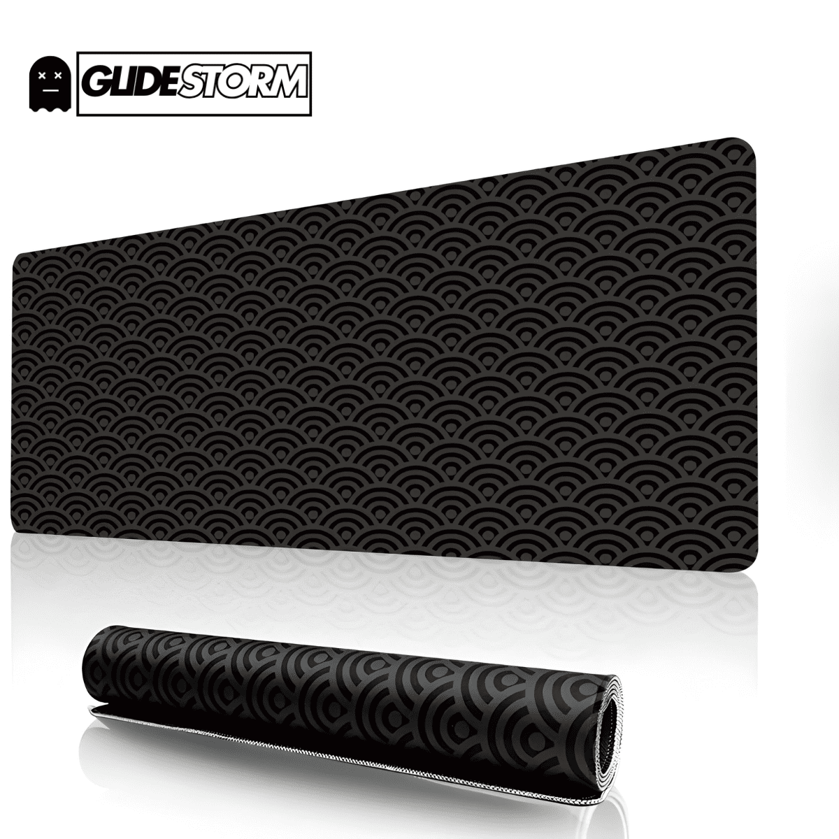 Tapis de souris ergonomique noir XXL avec motif japonais en vagues répétées, offrant une surface stable et confortable pour une utilisation prolongée sur bureau
