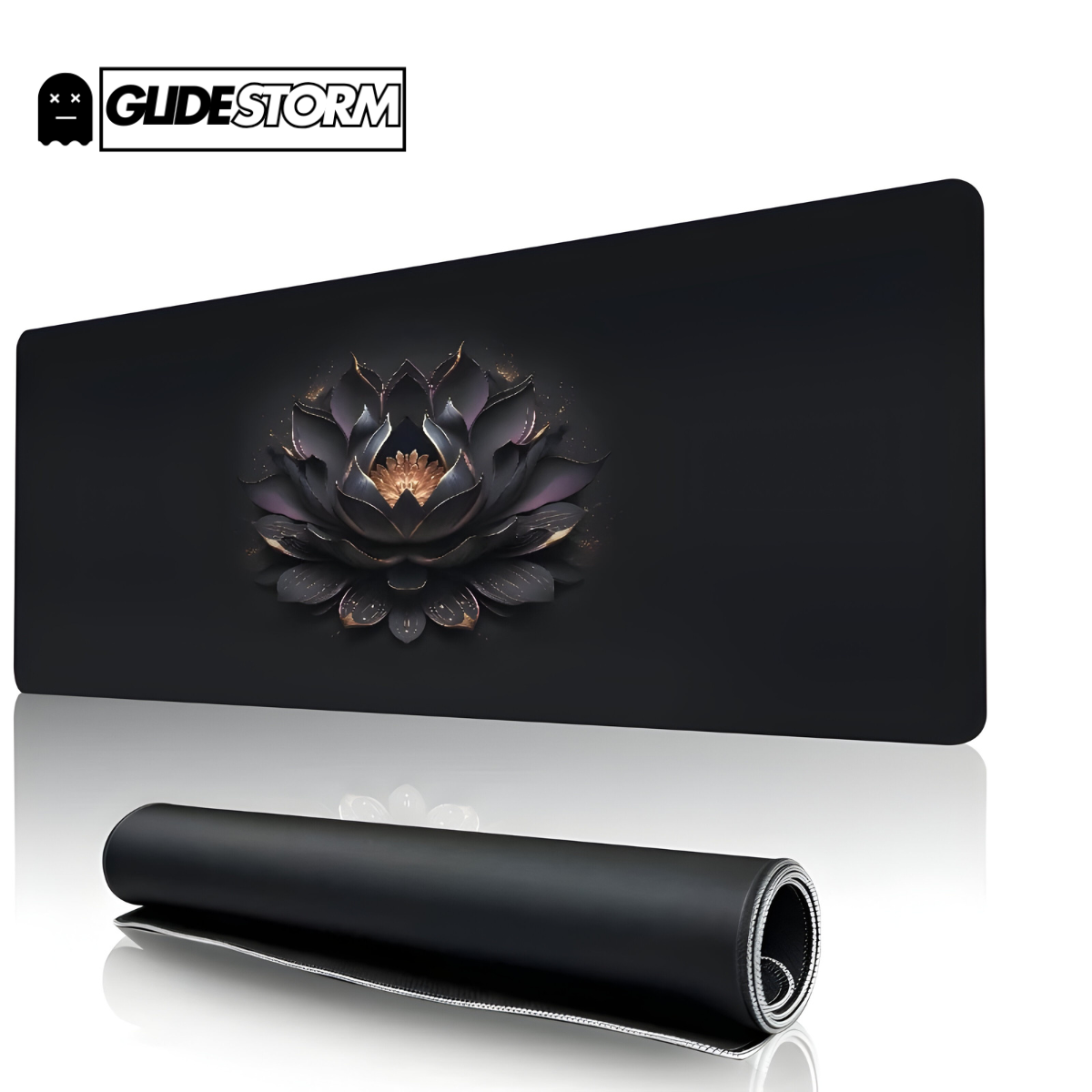 Tapis de souris ergonomique 800x300 noir avec motif fleur de lotus dorée, élégant et confortable pour bureau moderne