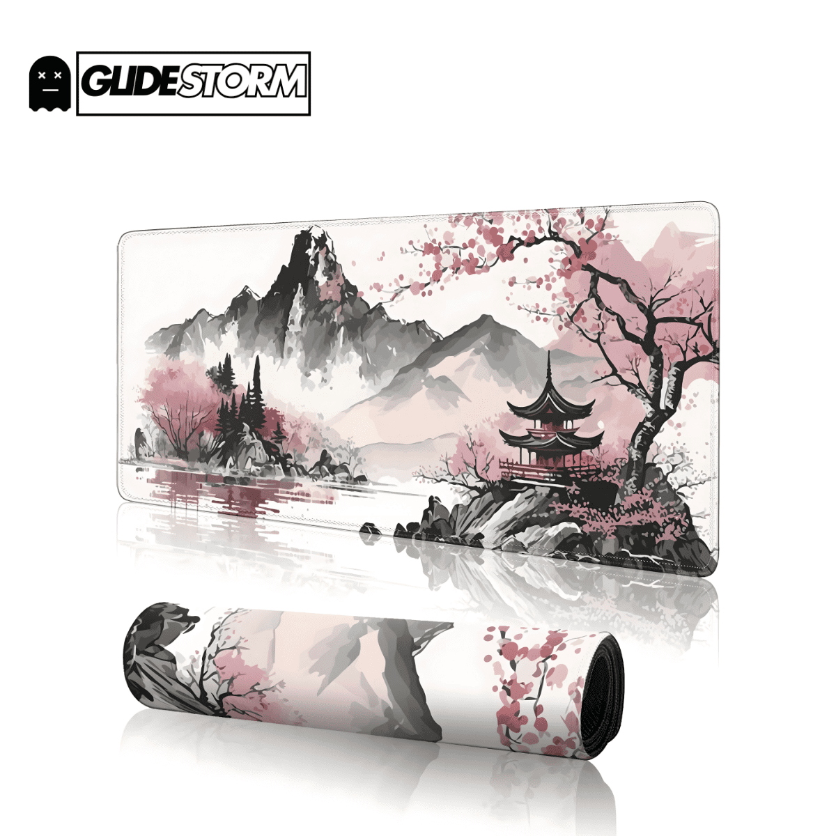 Tapis de souris Gaming décor paysage asiatique avec pagode, montagnes et fleurs roses, surface lisse idéale pour joueurs