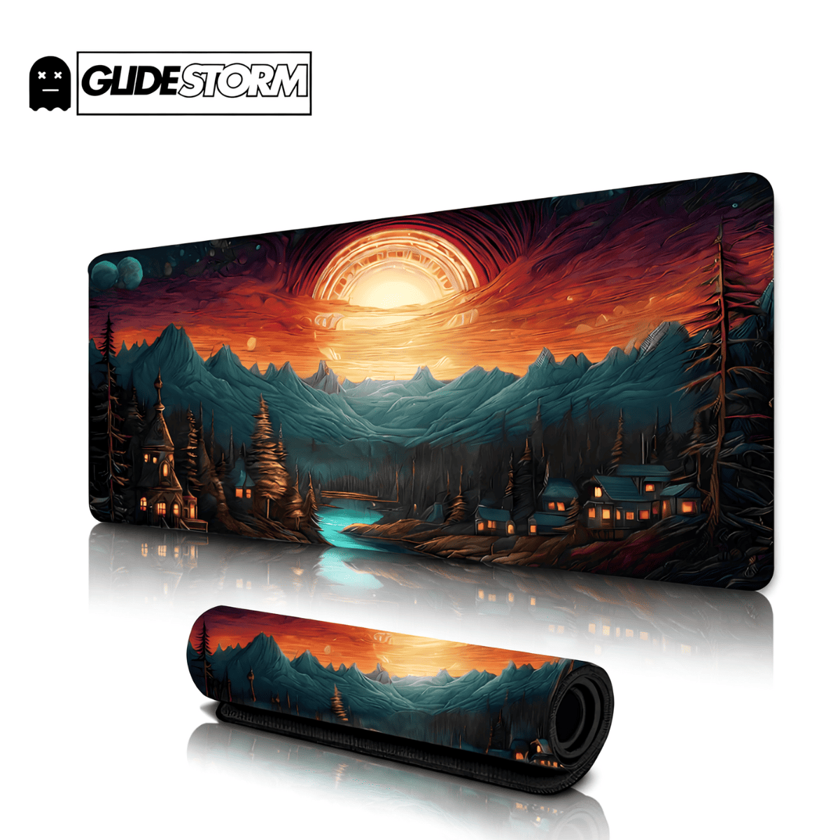 Tapis de souris gaming StarPulse avec paysage nocturne lumineux, montagnes stylisées et ciel cosmique éclatant.