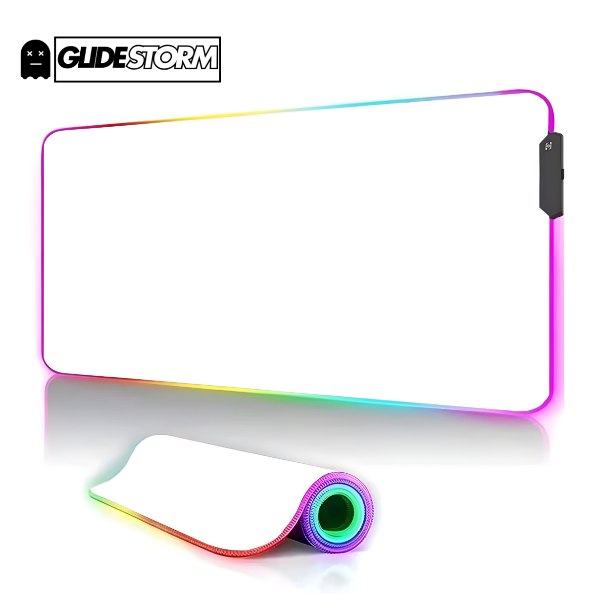 Tapis de souris RGB Blanc XXL avec contours lumineux multicolores, apportant une touche moderne et dynamique à un bureau gaming
