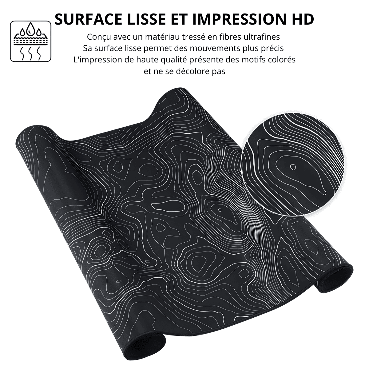 tapis de souris ergonomique noir partiellement déroulé avec surface lisse et motif topographique blanc en gros plan