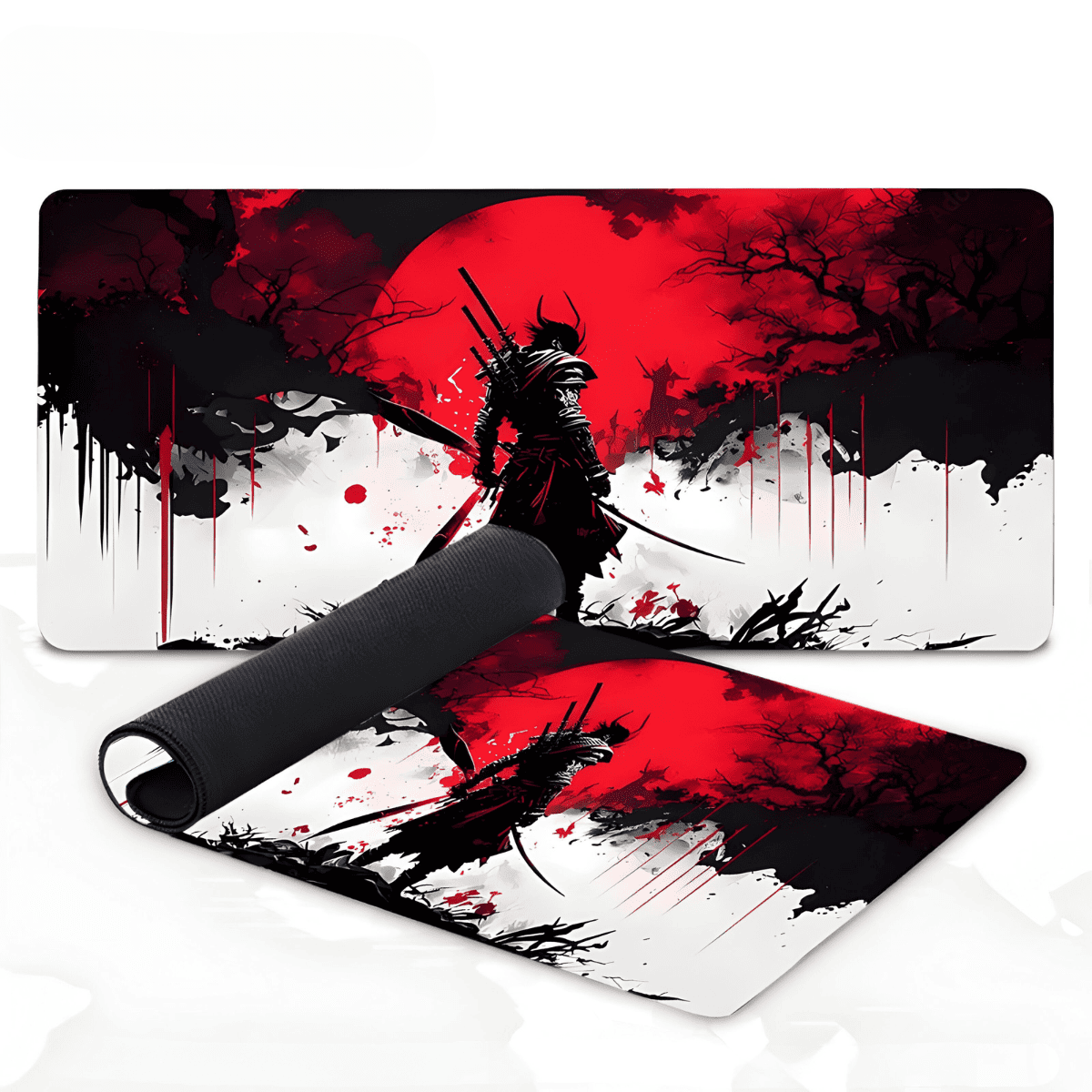 tapis de souris gaming avec samouraï et fond rouge intense style japonais