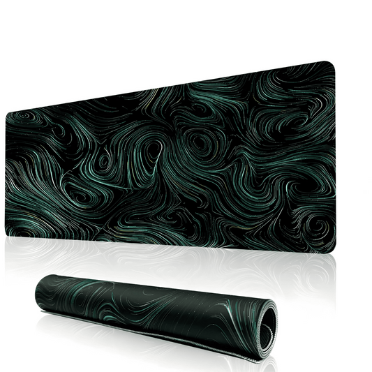 Tapis de souris ergonomique avec motif vert tourbillonnant sur fond noir, grand format rectangulaire, exemplaire enroulé visible au premier plan