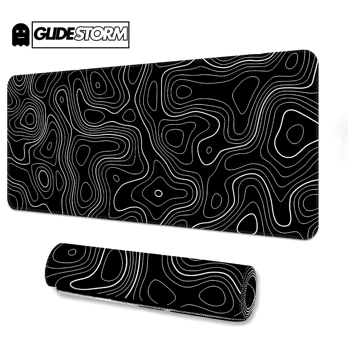 tapis de souris ergonomique noir avec motif topographique blanc et tapis roulé au premier plan