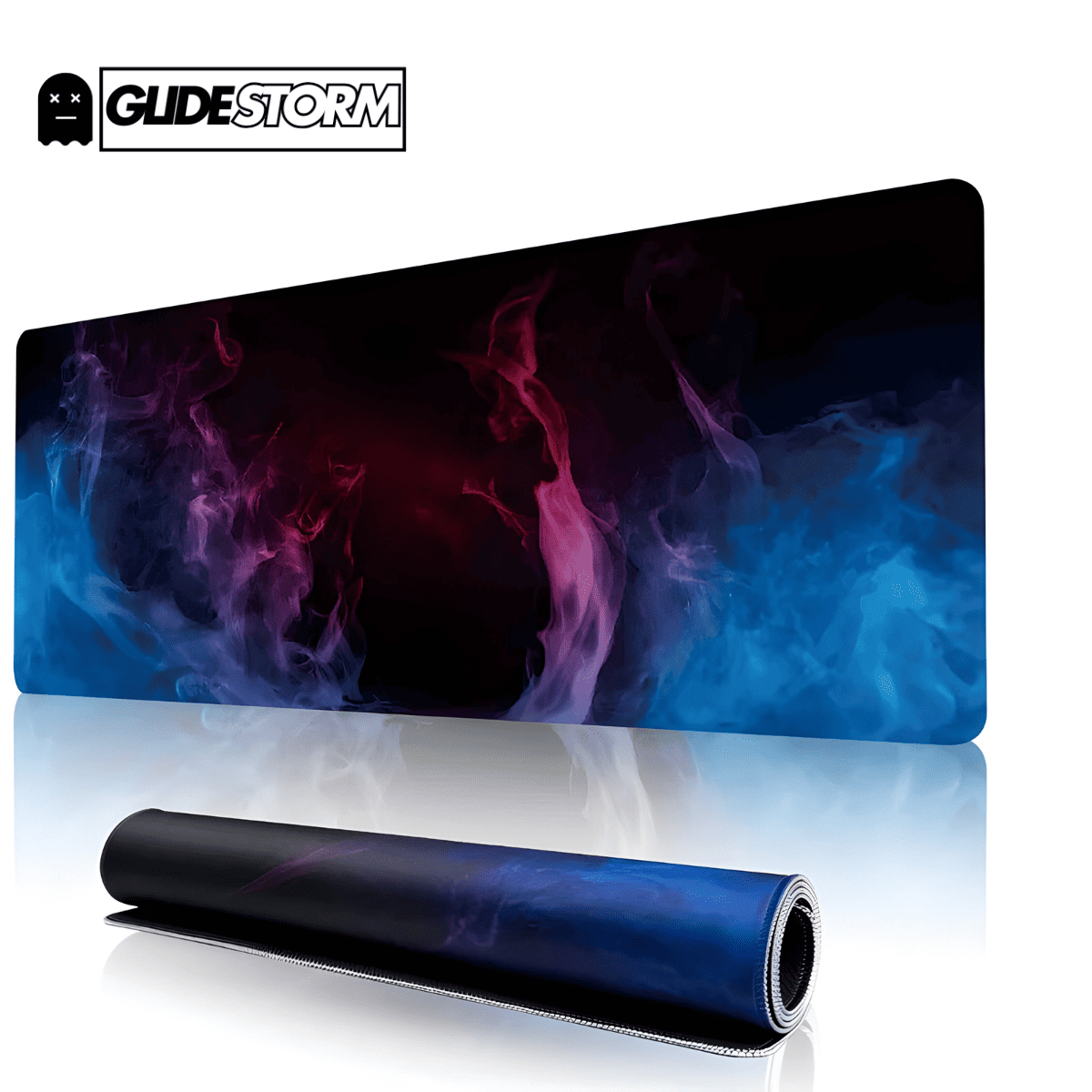 Tapis de souris ergonomique avec effet de fumée violet et bleu sur fond noir, grand format rectangulaire, exemplaire enroulé au premier plan