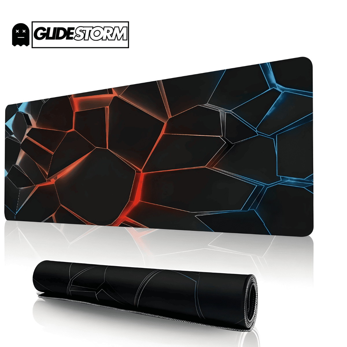 Tapis de souris ergonomique avec motif de fractures rouges et bleues sur fond noir, grand format rectangulaire, exemplaire enroulé au premier plan