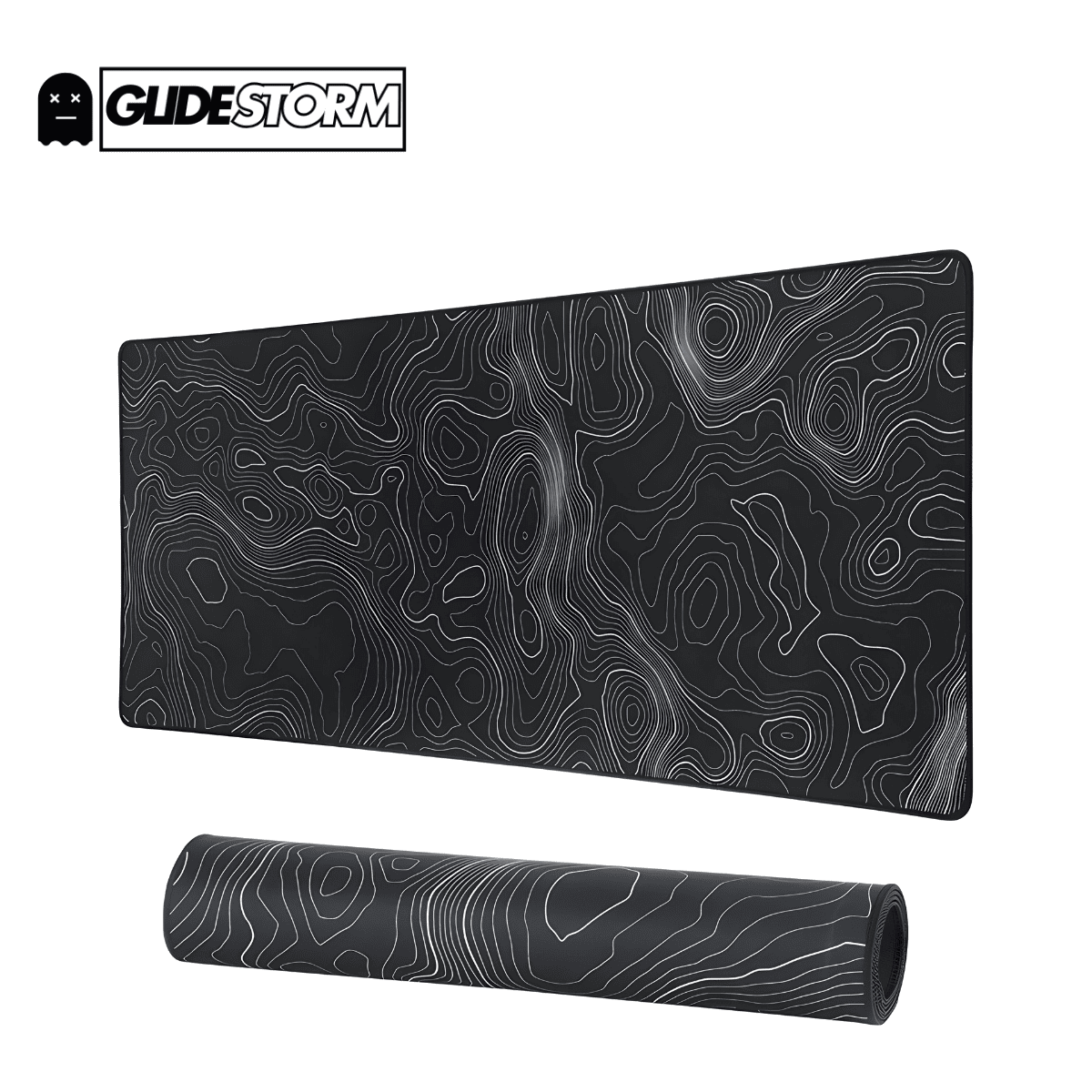 Tapis de souris 1000x500 ergonomique motif topographique blanc sur noir, offrant espace généreux et confort pour travailler