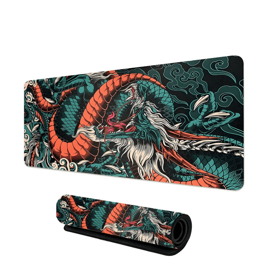 tapis de souris gaming avec illustration détaillée d’un dragon asiatique aux écailles rouges et vertes sur fond noir orné de nuages