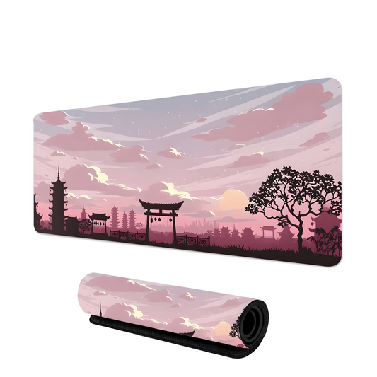 tapis de souris gaming avec paysage japonais au coucher du soleil, ciel rose, torii et pagode en silhouette