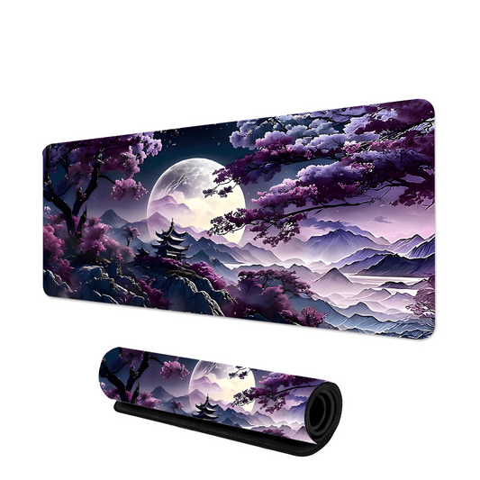 tapis de souris gaming avec paysage nocturne violet, pleine lune, montagnes, pagode japonaise et cerisiers en fleurs