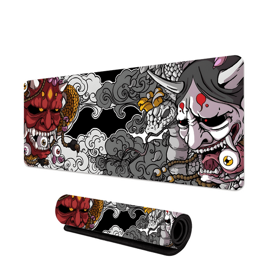 tapis de souris gaming avec illustration de démons japonais, serpent blanc, nuages stylisés noirs et gris sur fond contrasté