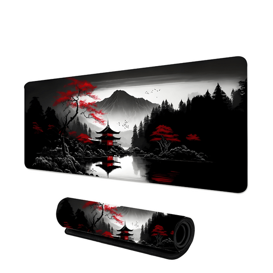 tapis de souris gaming avec temple japonais rouge au bord d’un lac entouré d’arbres noirs et rouges avec montagnes en arrière-plan