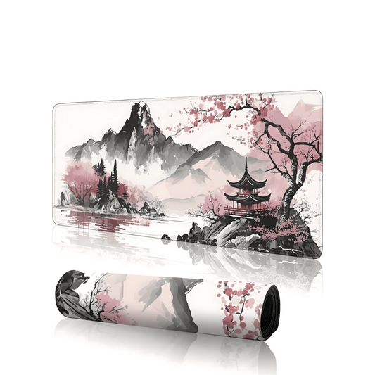 tapis de souris gaming avec pagode japonaise, montagne en arrière-plan, branche de cerisier en fleurs et reflet sur l’eau