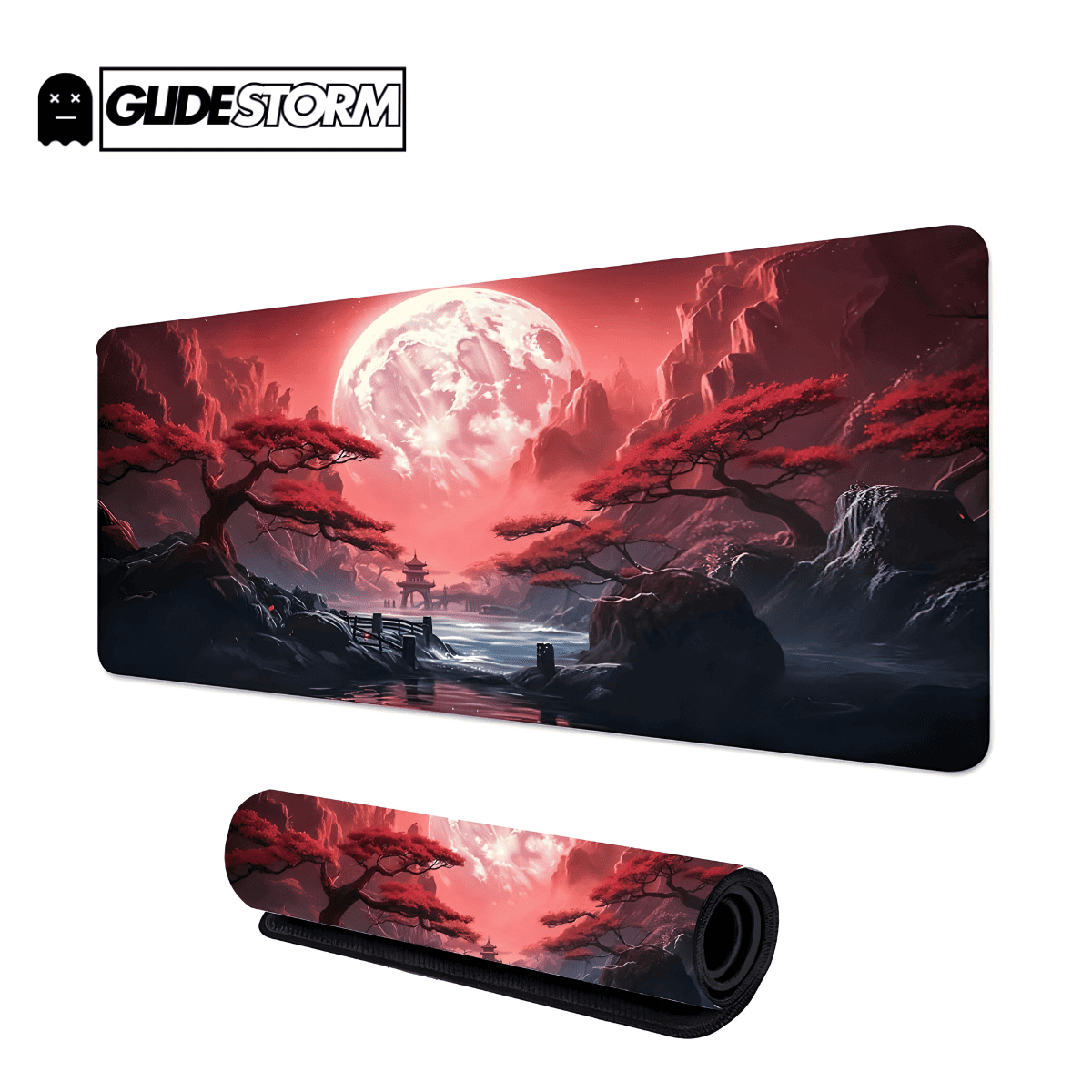 tapis de souris gaming avec paysage lunaire rouge et arbres japonais sur fond montagneux