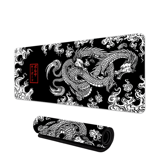 tapis de souris gaming avec illustration de dragon asiatique blanc sur fond noir, flammes stylisées et inscription rouge en japonais