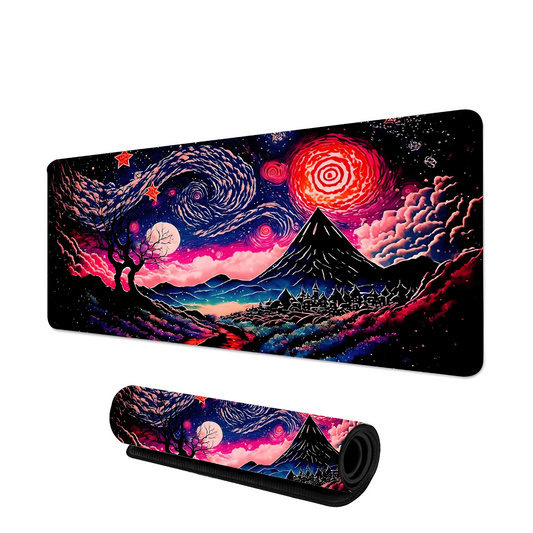 tapis de souris gaming avec illustration colorée de montagne sombre, ciel tourbillonnant rouge et violet, arbre nu et village