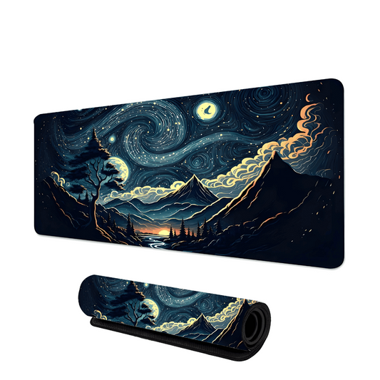 tapis de souris gaming avec illustration de paysage nocturne montagneux, ciel étoilé tourbillonnant et forêt sombre
