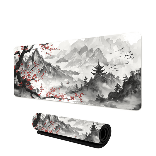 tapis de souris gaming avec paysage asiatique en noir et blanc, pagode, montagnes brumeuses et branches fleuries rouges