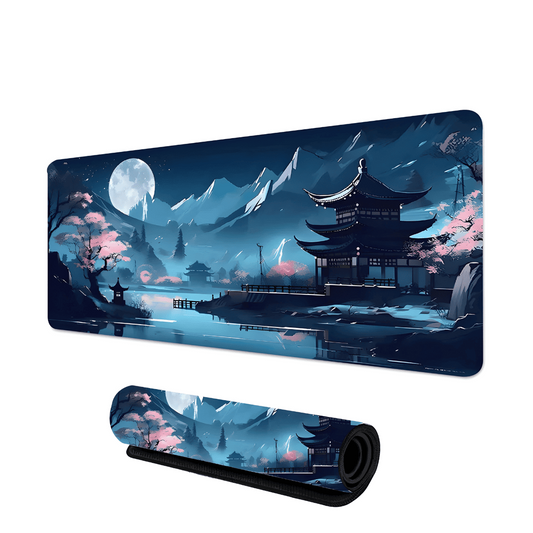 tapis de souris gaming avec temple japonais au bord de l’eau sous la lune et les cerisiers en fleurs