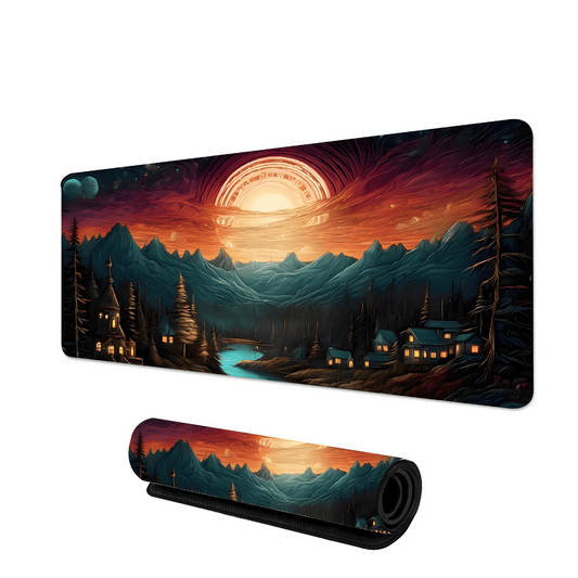 tapis de souris gaming avec illustration de village en forêt, montagnes sombres et grand soleil stylisé dans un ciel rouge orangé