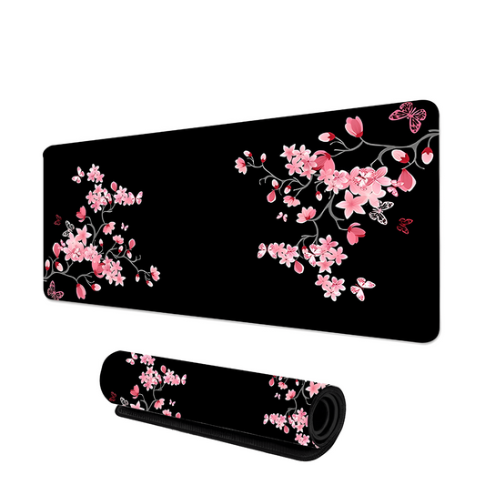 tapis de souris gaming avec fleurs de cerisier roses et papillons sur fond noir