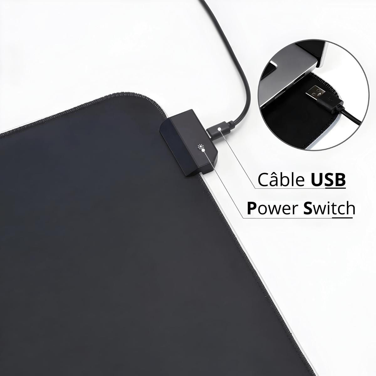 tapis de souris RGB noir avec câble USB branché et boîtier de commande lumineux sur un coin du tapis