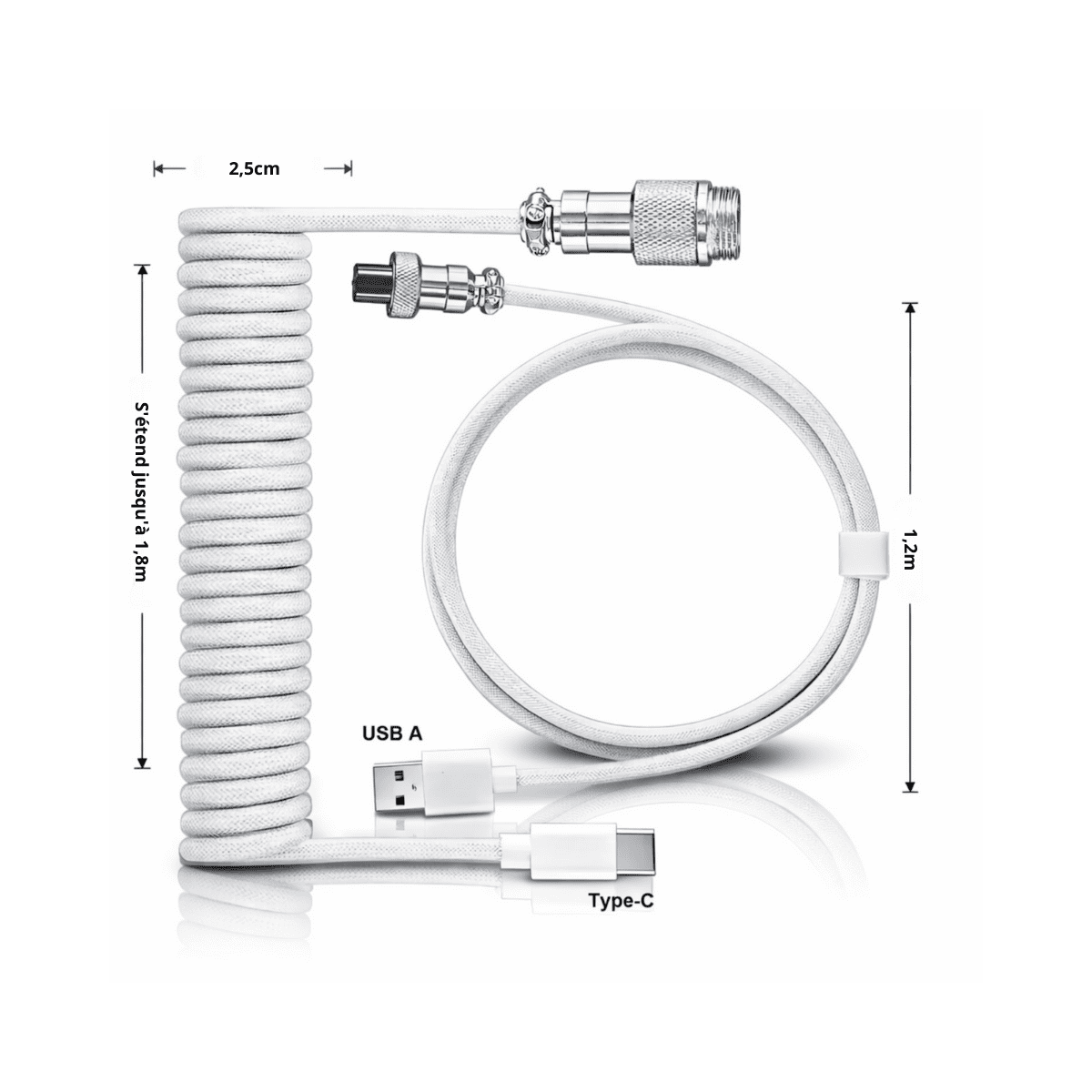Dimensions du câble gaming GlideStorm enroulé avec longueur extensible, connecteurs USB-A et Type-C.
