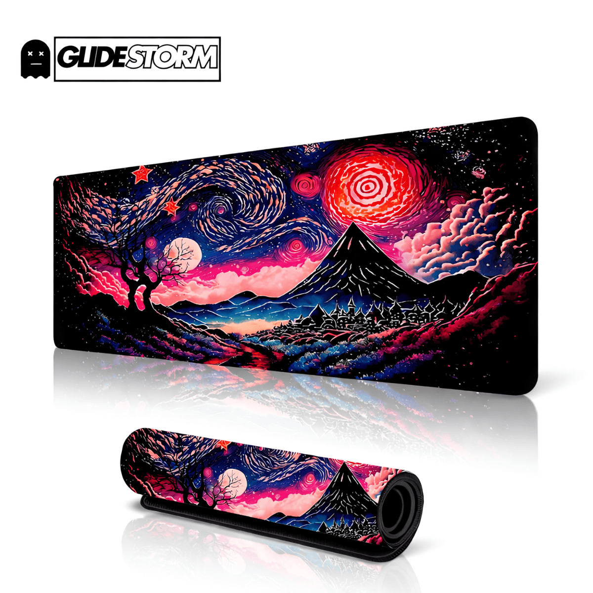 Tapis de souris artisanal NightEclipse avec paysage nocturne artistique, ciel cosmique tourbillonnant et montagne centrale.