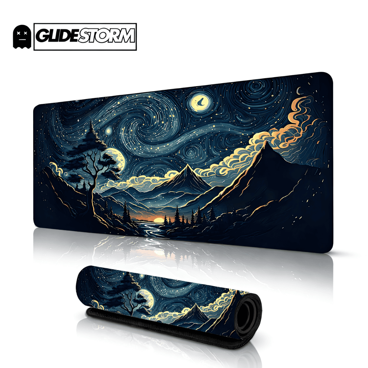 Tapis de souris gaming PhantomEdge avec paysage nocturne étoilé, montagnes sombres et ciel tourbillonnant inspiré de l’art cosmique.