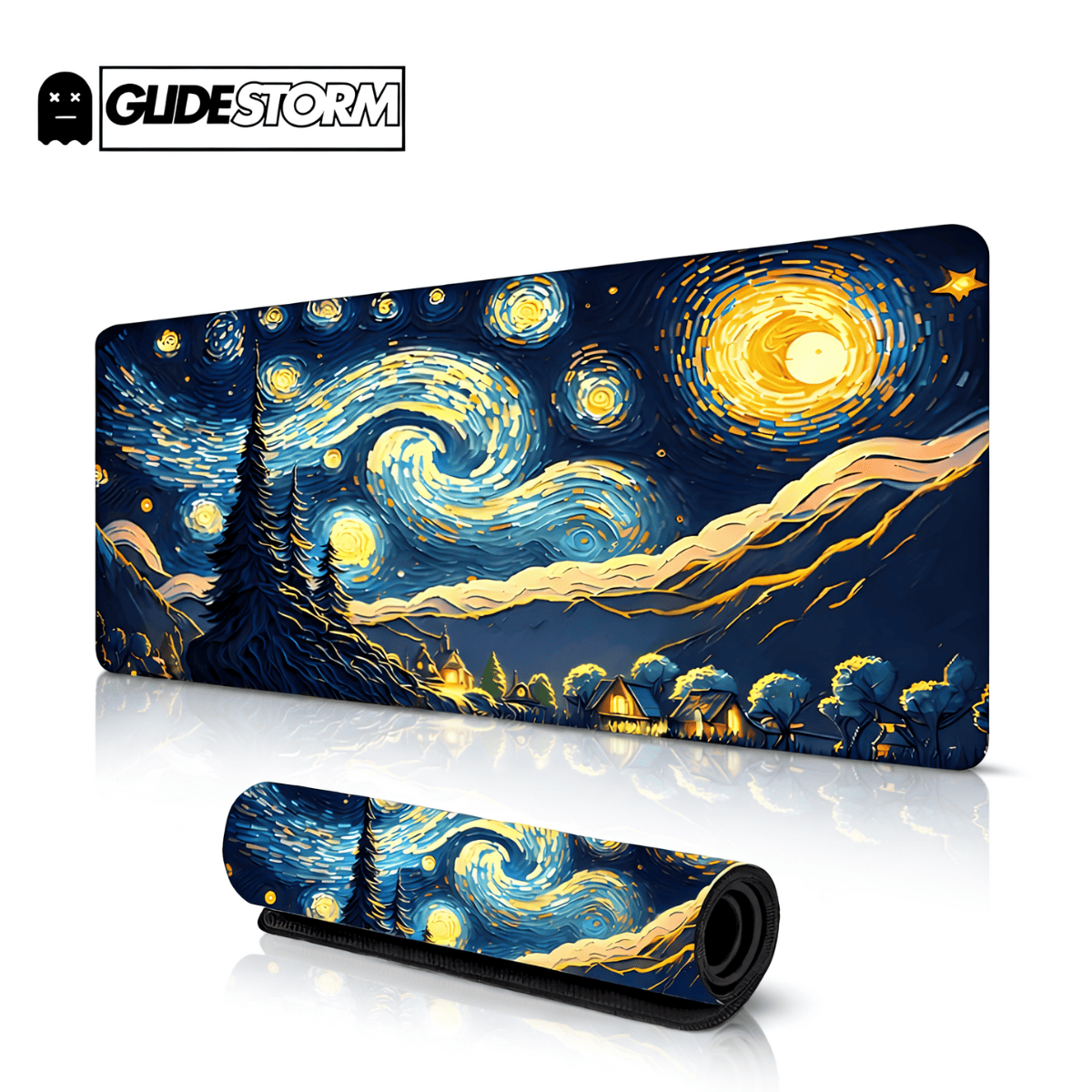 Tapis de souris gaming VoidRacer avec illustration artistique inspirée de La Nuit étoilée, ciel tourbillonnant bleu et jaune.