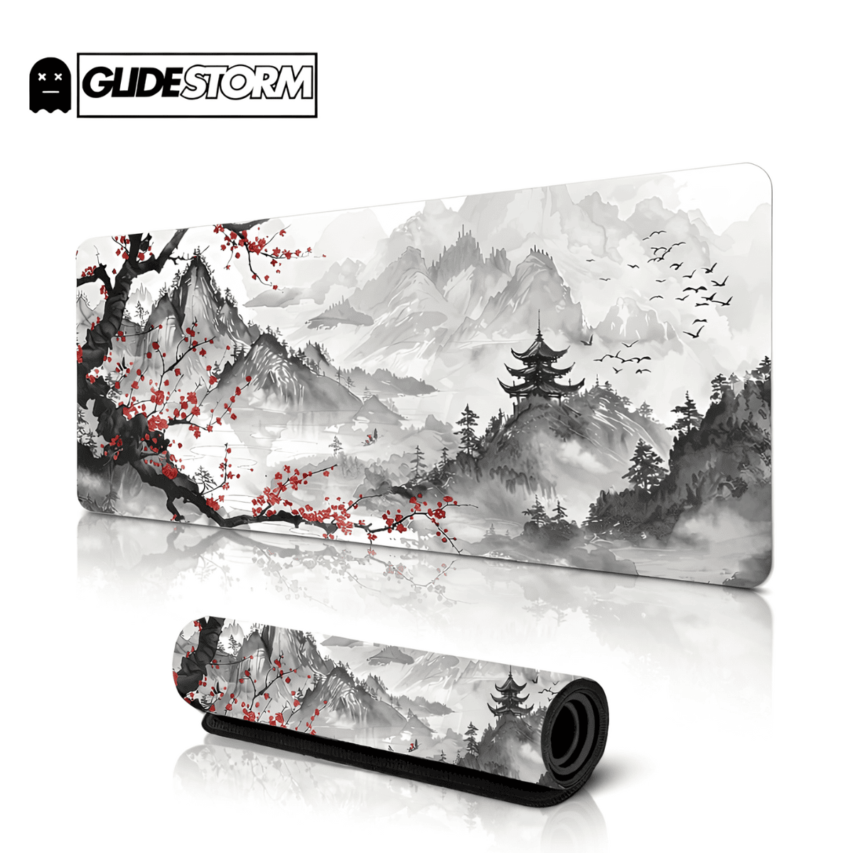 Tapis de souris Japon Rift avec illustration à l’encre, montagnes brumeuses, pagode et fleurs rouges.