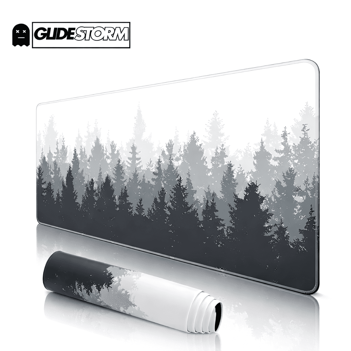 Tapis de souris original Quantum avec paysage forestier minimaliste en dégradé de gris, style moderne et épuré.