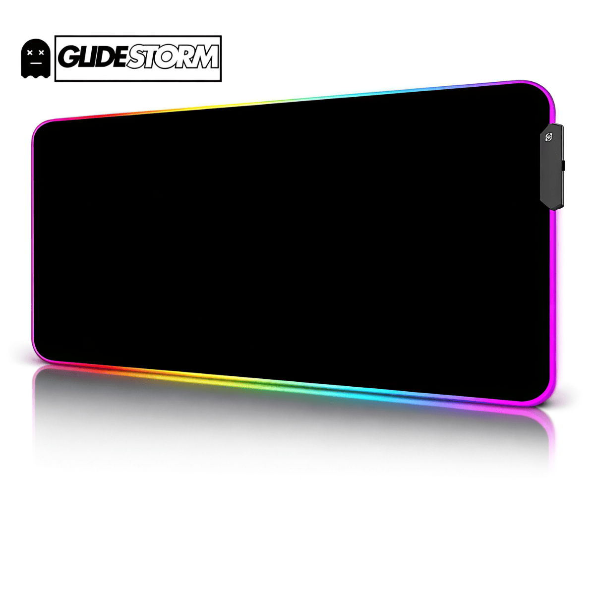 Tapis de souris RGB noir XXL ChromaGlide avec surface noire uniforme et éclairage LED multicolore sur les bords.