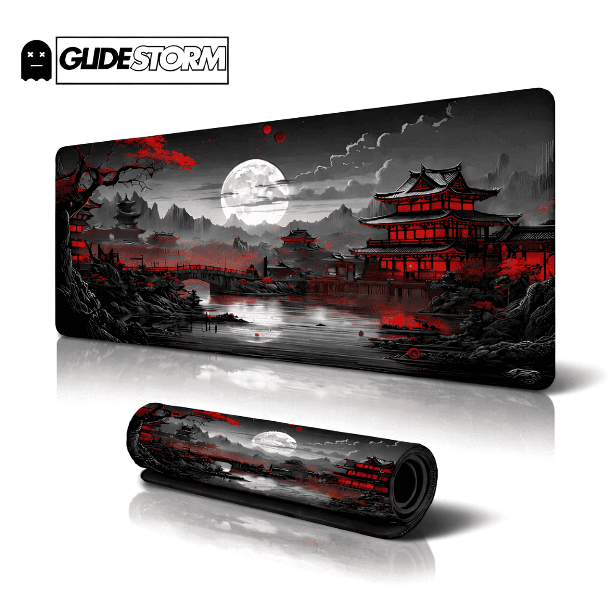 Tapis de souris stylé avec illustration japonaise rouge et noire, paysage nocturne avec temple, lune pleine et reflets sur l’eau.