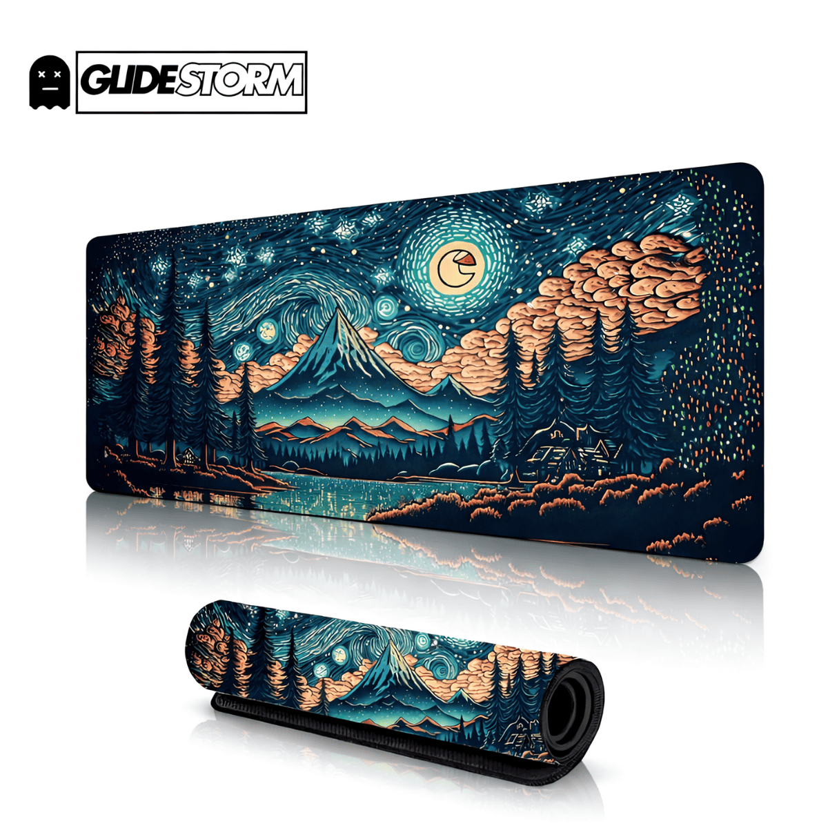 Tapis de souris vague ArcBlade avec paysage nocturne stylisé, montagne centrale et ciel tourbillonnant inspiré des vagues.