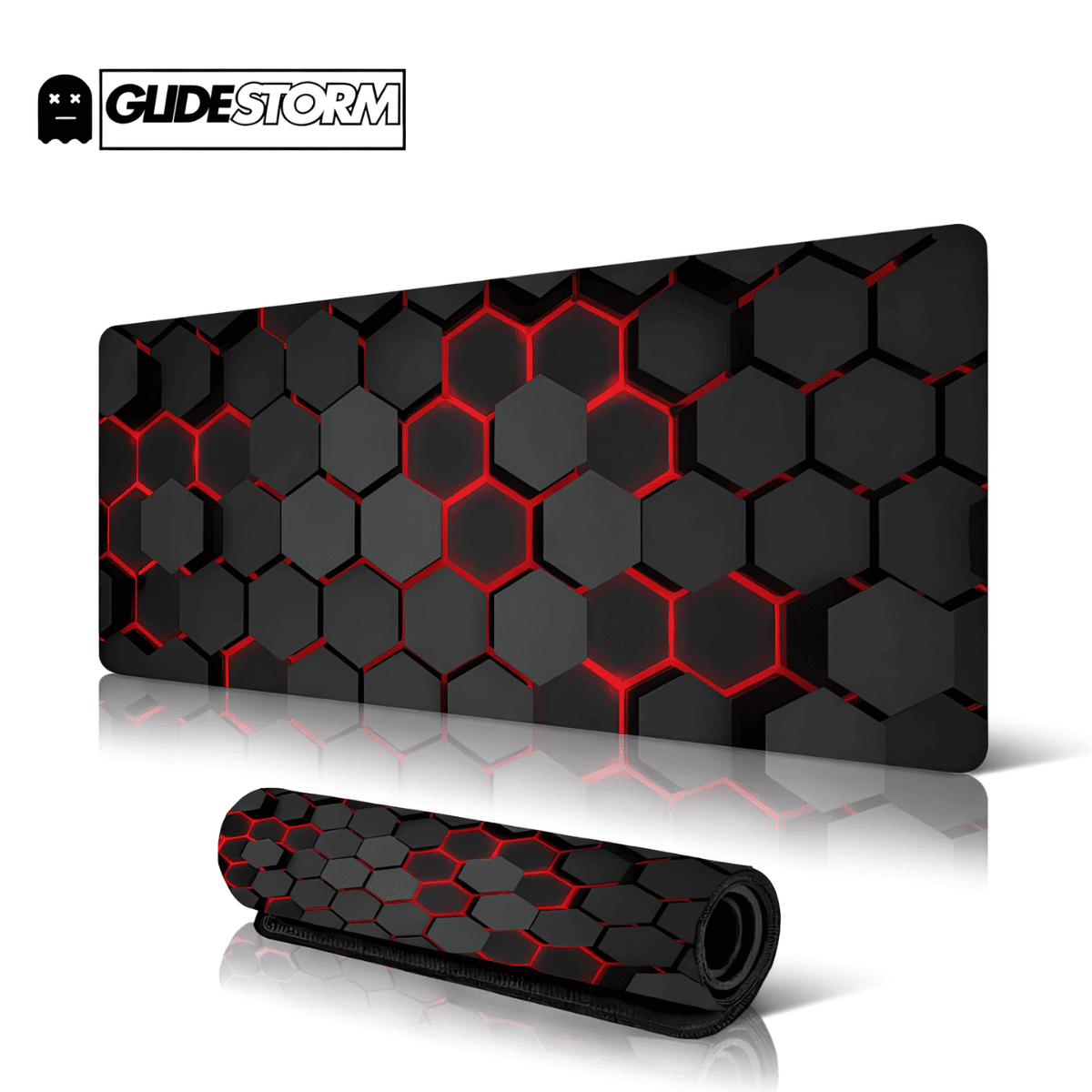 Tapis de souris XXL gamer Plasma avec motif hexagonal noir et rouge, design gaming moderne et contrasté.