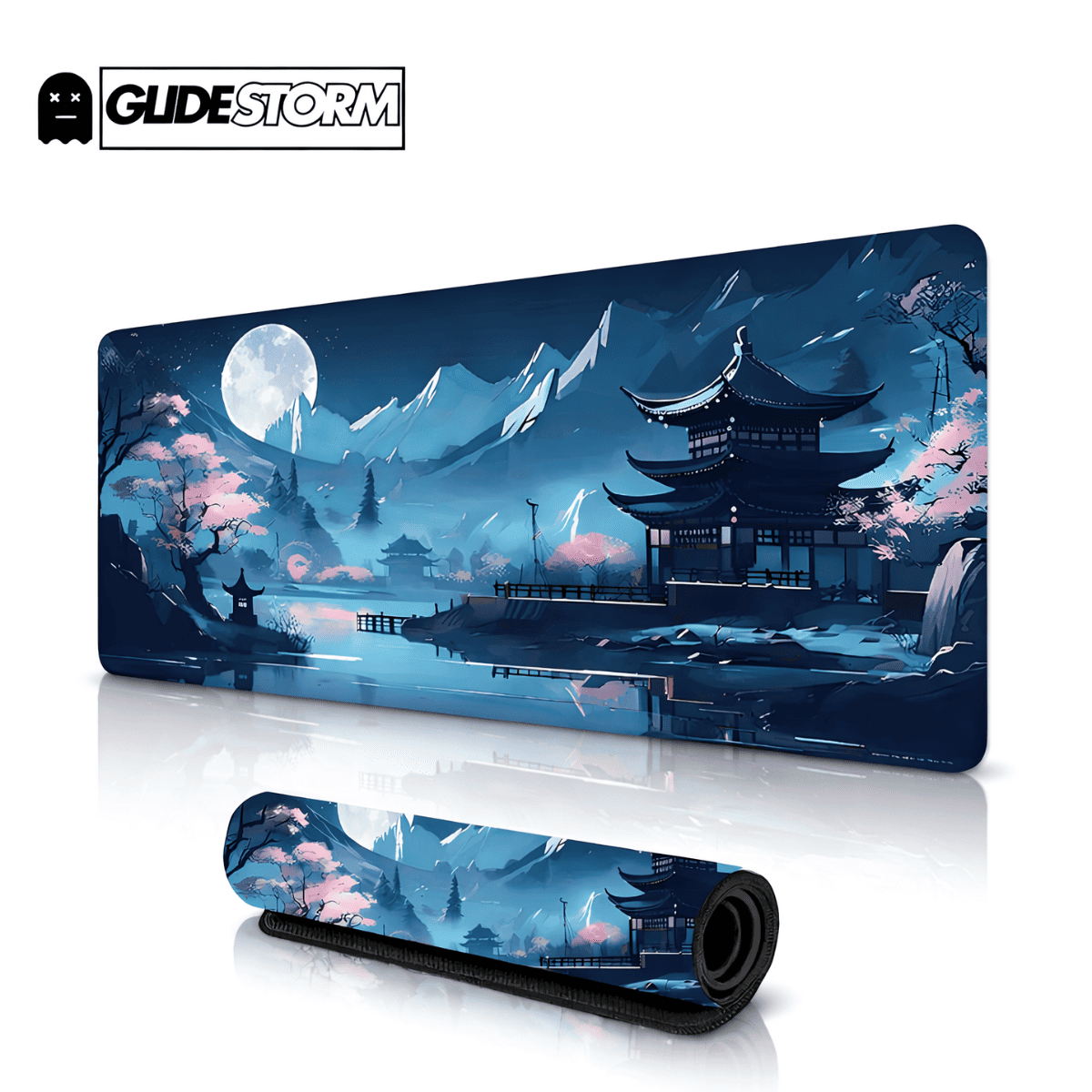 Tapis de souris bleu Seishin avec paysage japonais nocturne, temple traditionnel, montagnes et lune sous une ambiance zen.