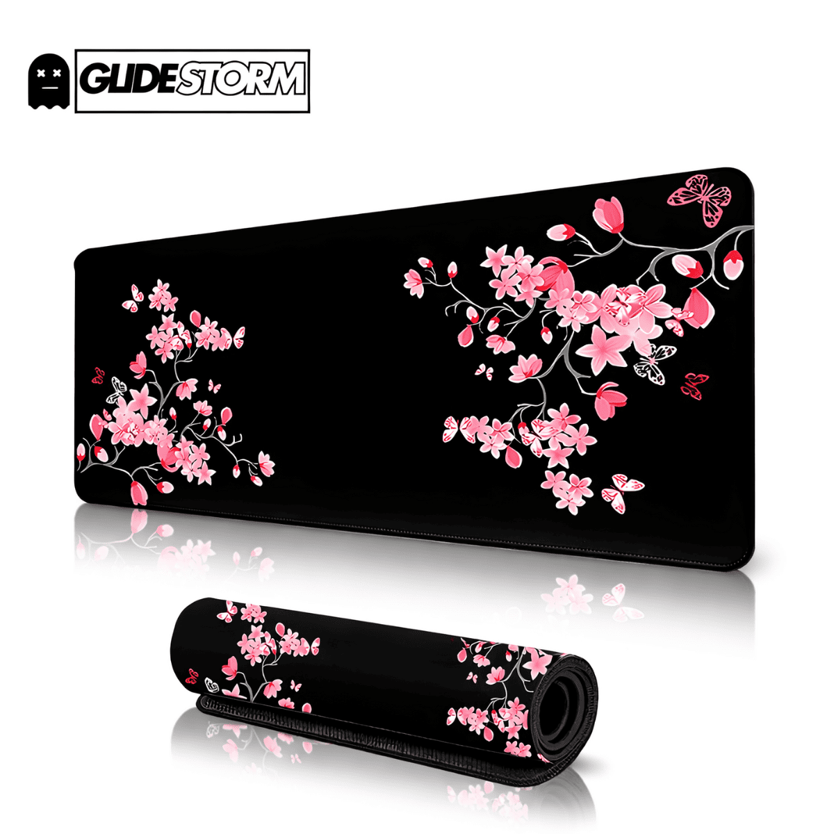 Tapis de souris design Yugen noir avec fleurs de cerisier roses et papillons, style japonais élégant et minimaliste.