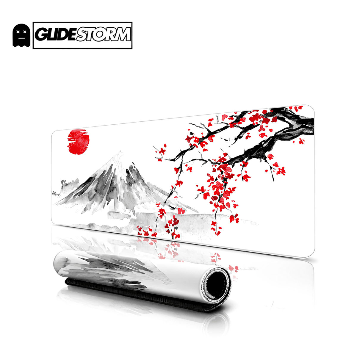 Tapis de souris gaming blanc Mount Fuji avec illustration japonaise minimaliste, montagne Fuji, branches fleuries rouges et soleil levant.