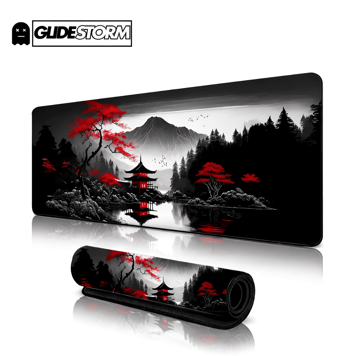 Tapis de souris japonais Hidori noir et rouge avec paysage zen, temple traditionnel, lac et montagne en arrière-plan
