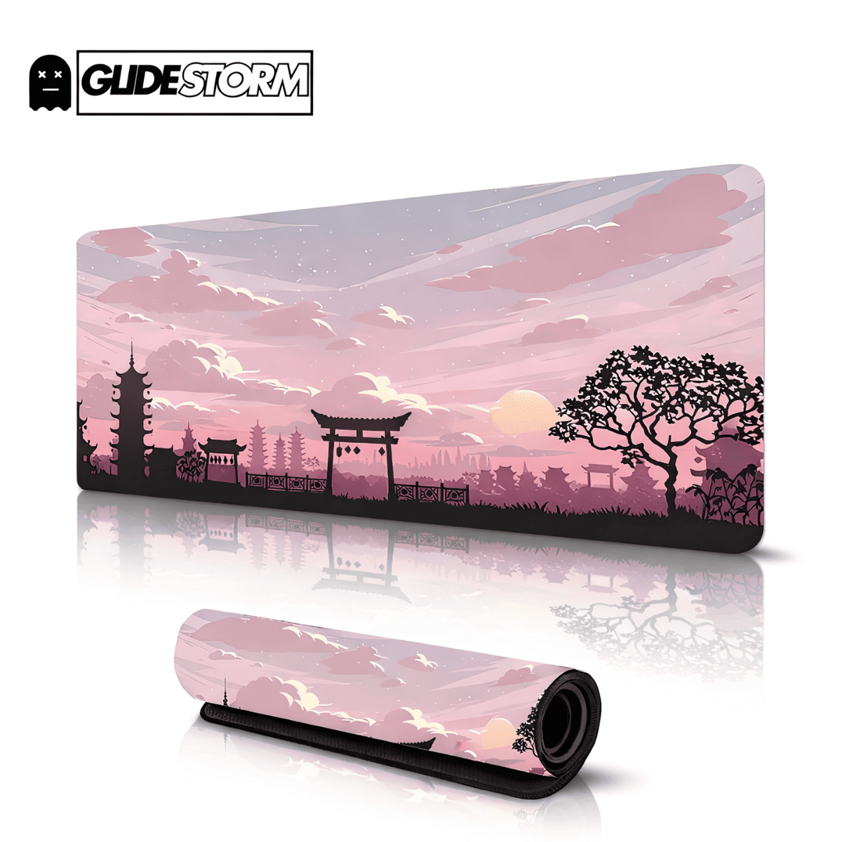 Tapis de souris rose Fuji avec paysage japonais au coucher du soleil, torii, pagodes et ambiance zen pastel.