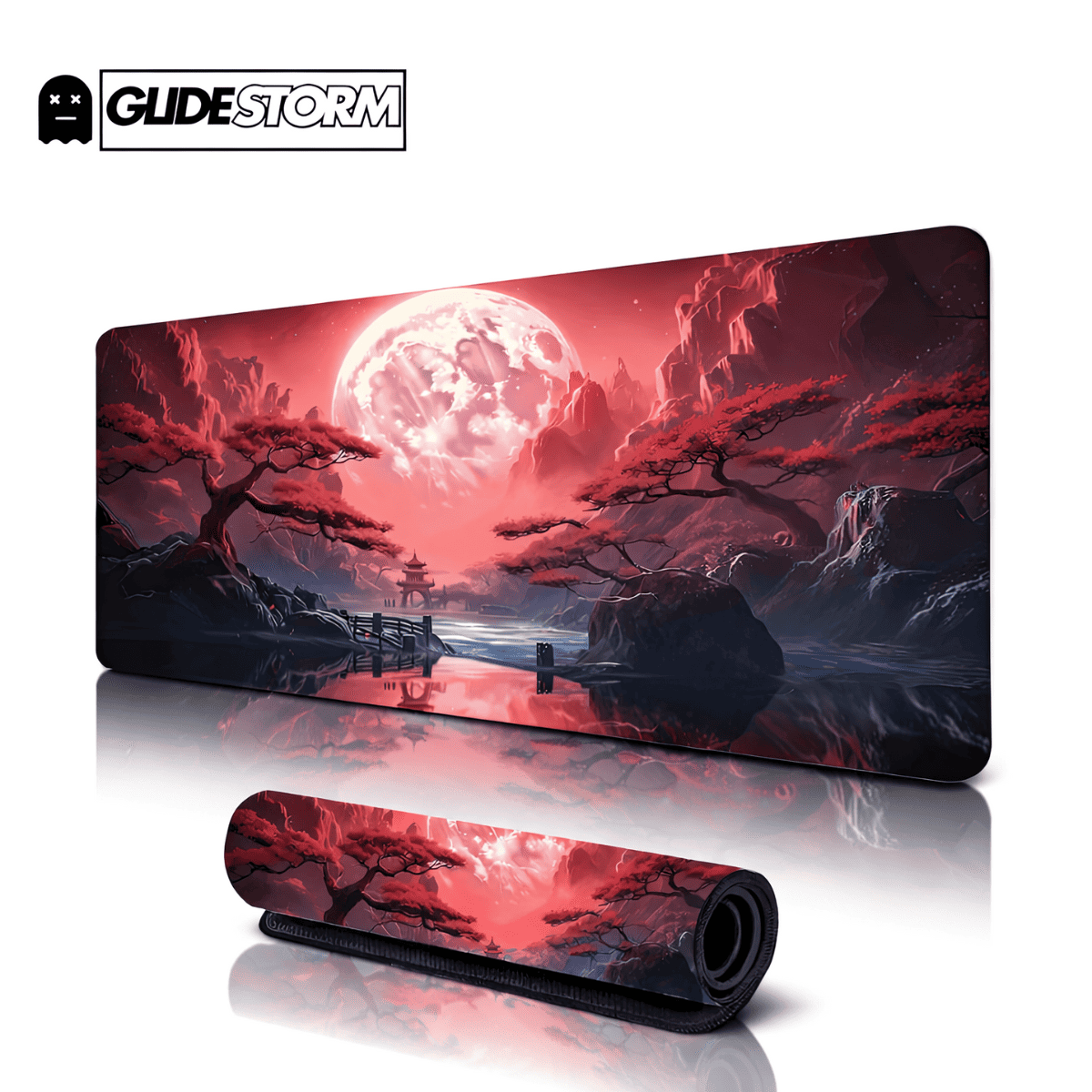 Tapis de souris sublimation Inori avec paysage japonais rouge, lune géante, cerisiers et ambiance mystique.