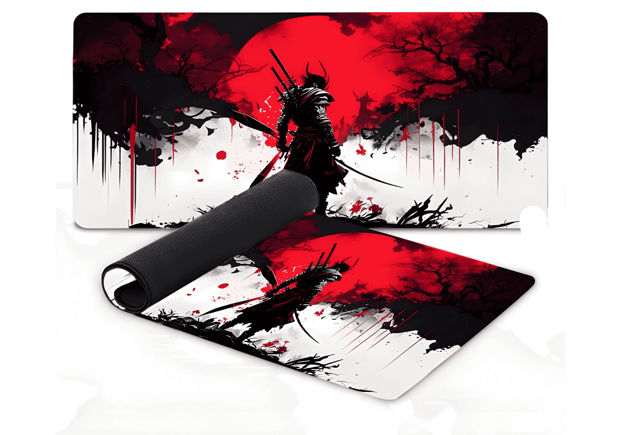 Tapis de souris gaming GlideStorm avec illustration de samouraï sous une lune rouge, design japonais rouge et noir, surface étendue pour setup gamer.