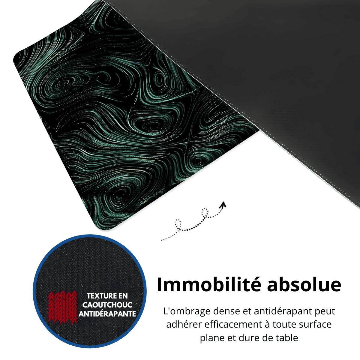 Tapis de souris ergonomique avec face inférieure en caoutchouc antidérapant et motif vert abstrait visible partiellement sous la surface repliée