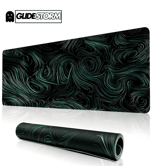 Tapis de souris ergonomique noir XXL avec motif tourbillonnant vert, offrant précision et confort pour le bureau ou le télétravail