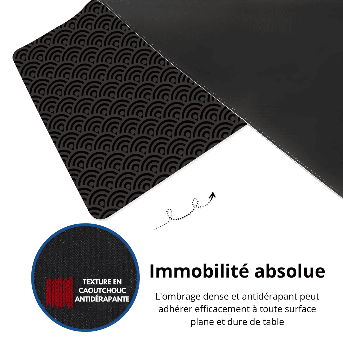 Tapis de souris ergonomique motif géométrique noir avec base en caoutchouc antidérapante et texture adhérente pour une stabilité optimale